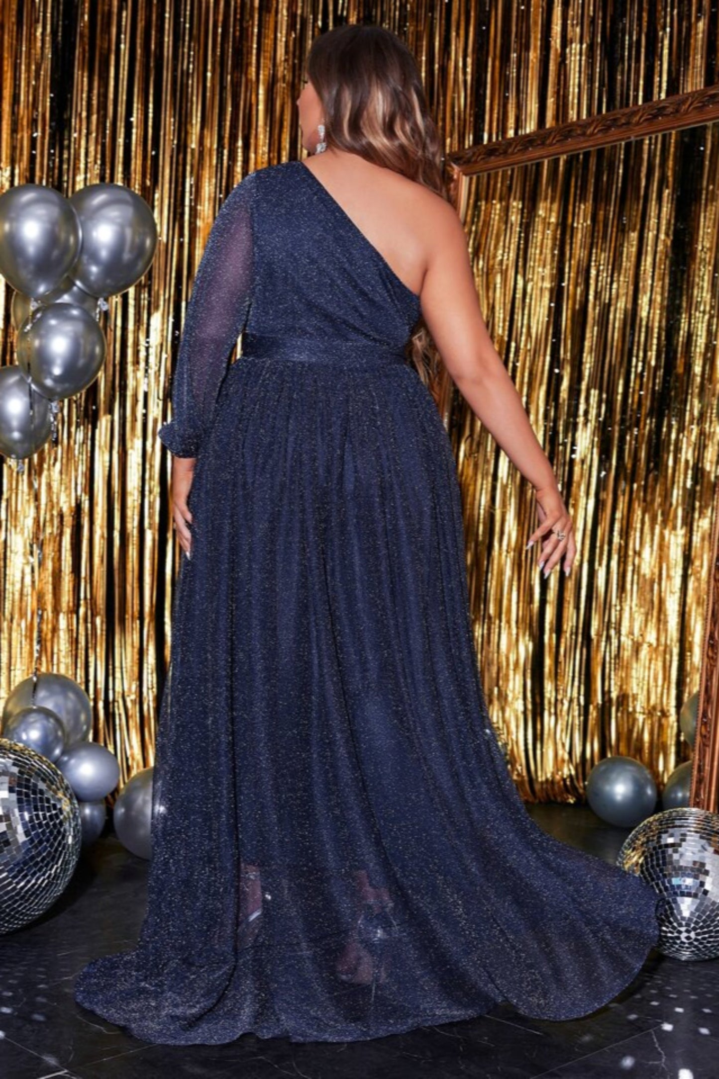 Plus One Shoulder Glitter Formal Maxi Dress