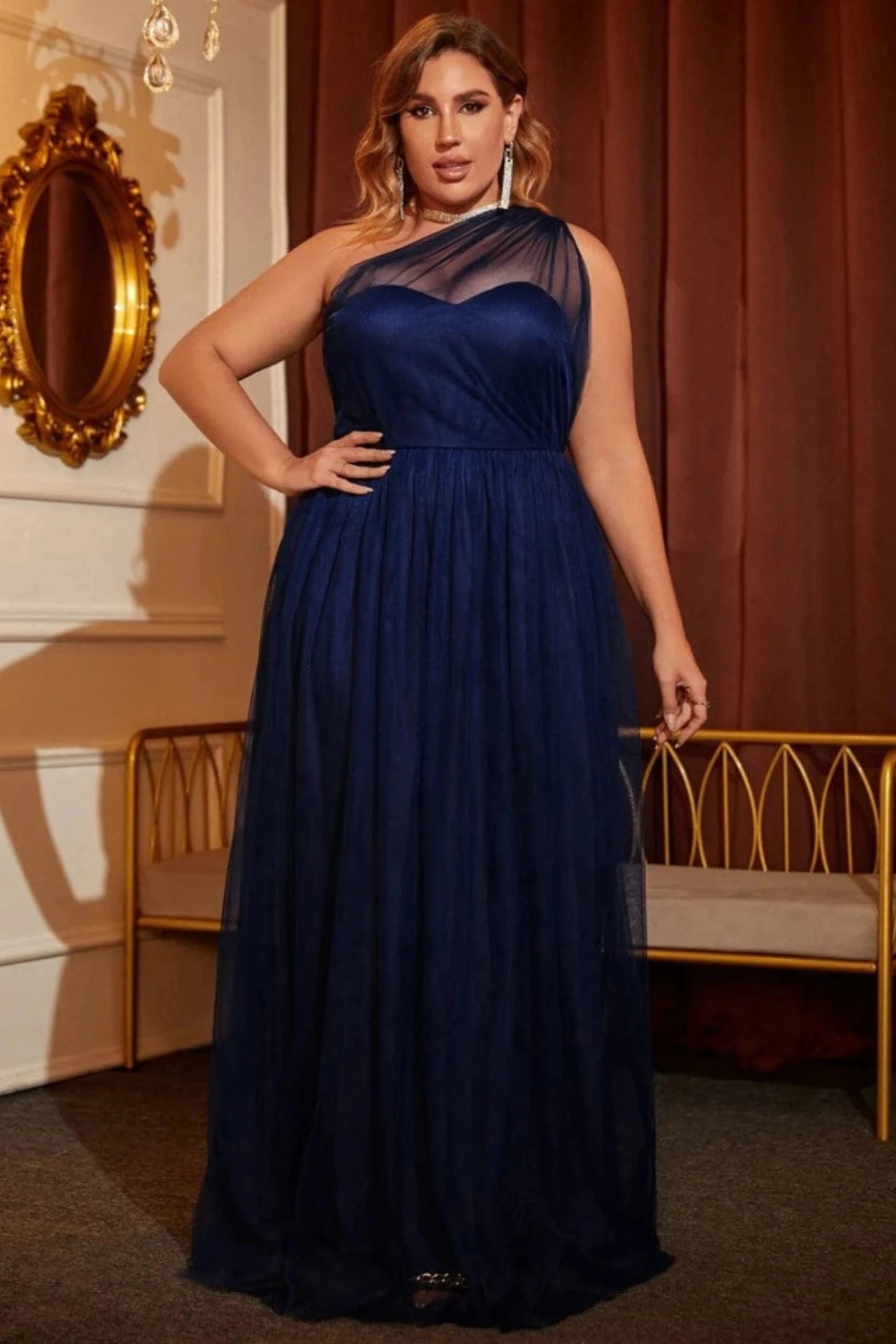 Plus One Shoulder Mesh Evening Maxi Dress