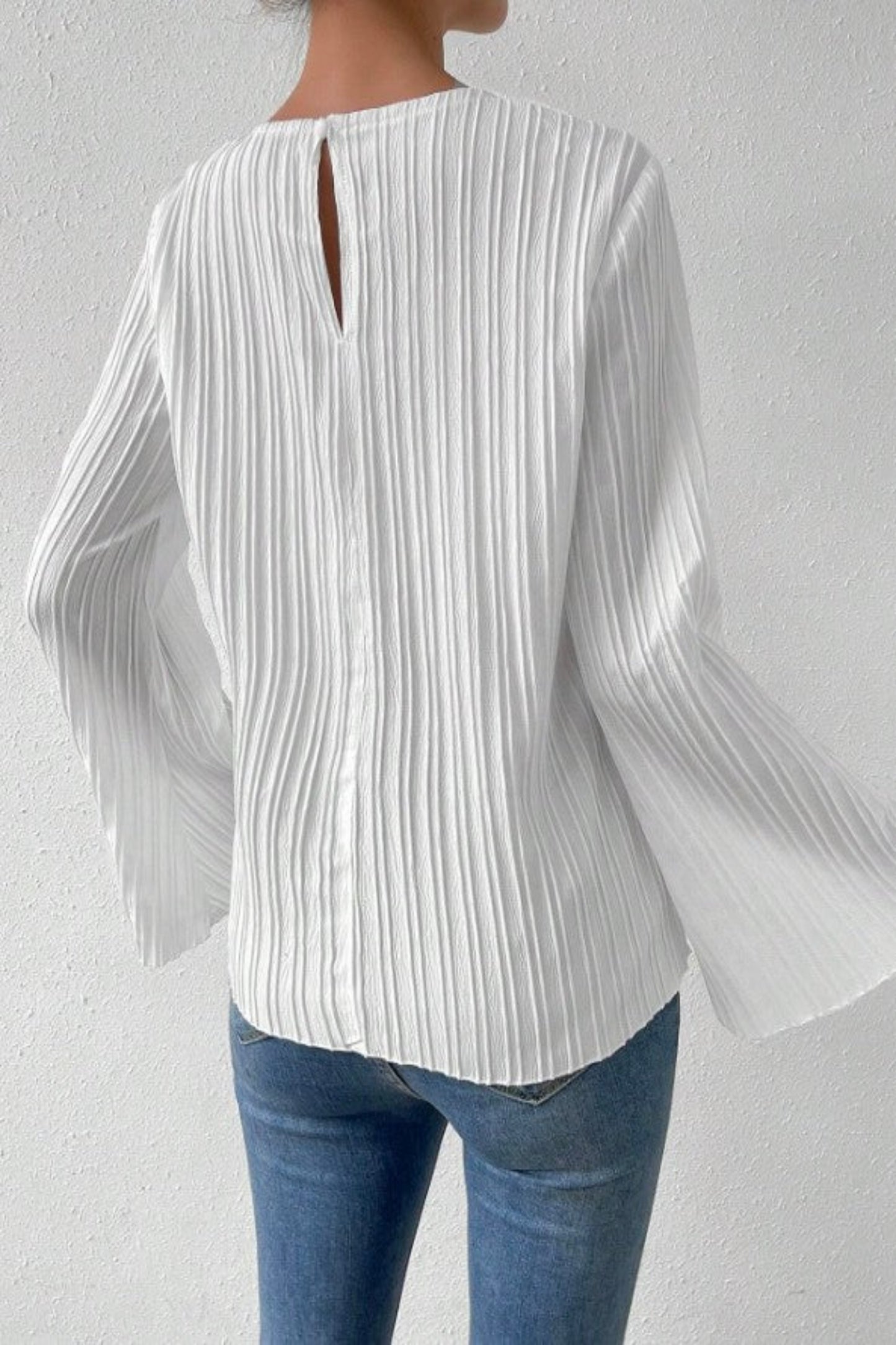 LUNE Solid Flare Sleeve Plisse Blouse,Long Sleeve Top