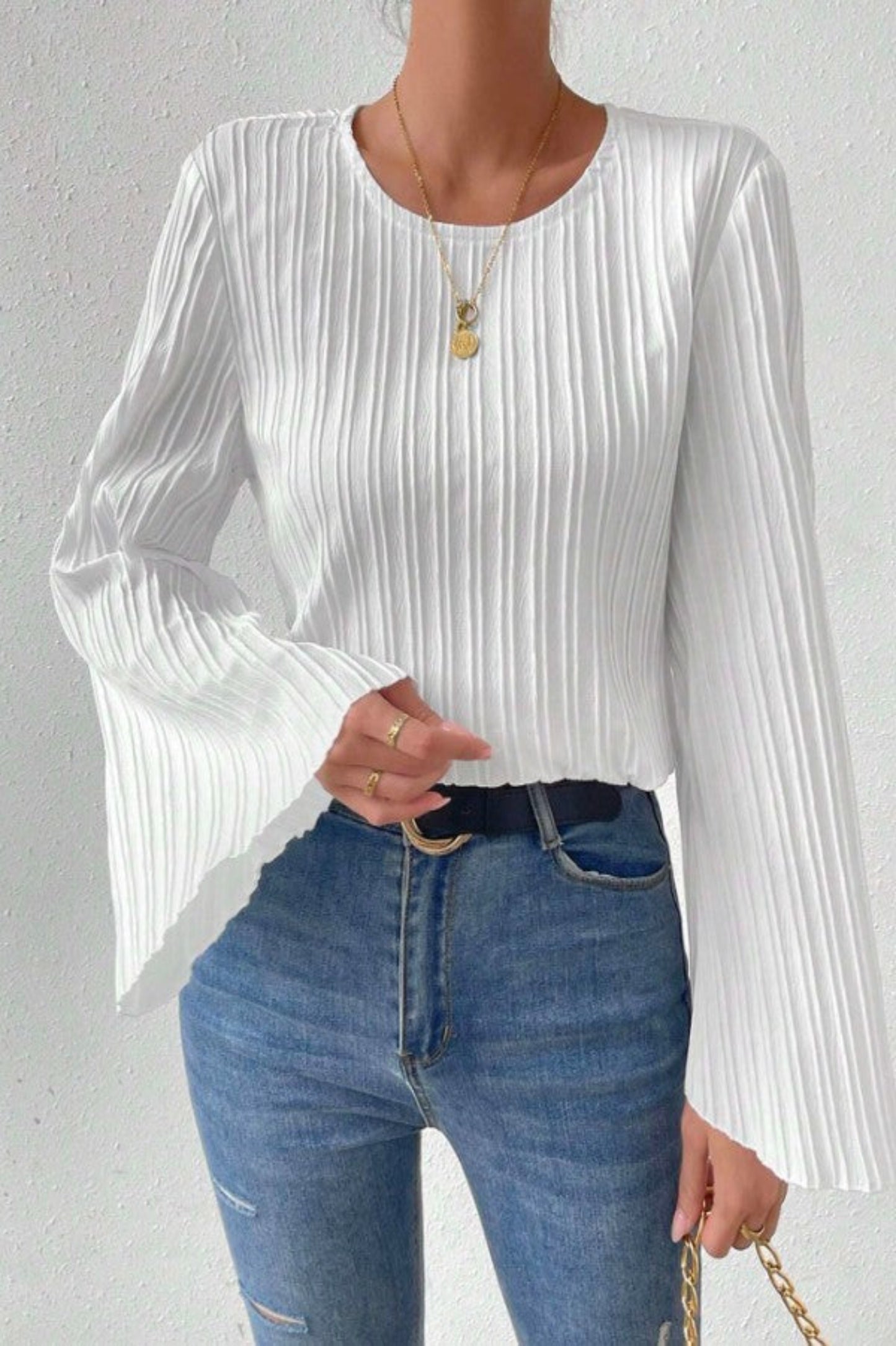 LUNE Solid Flare Sleeve Plisse Blouse,Long Sleeve Top