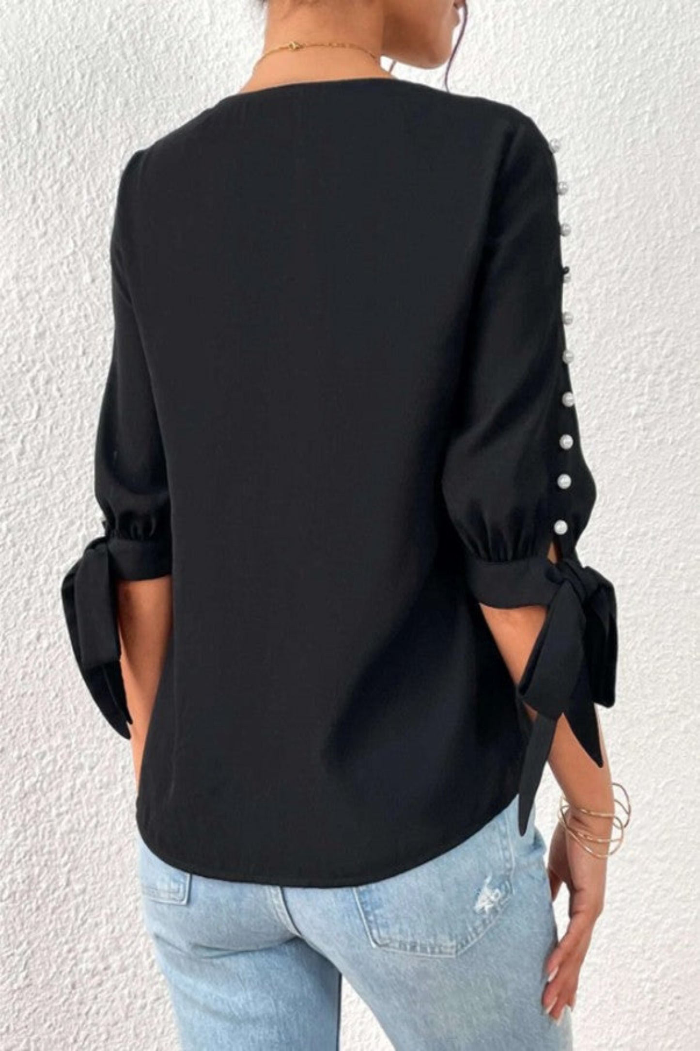 The 'Pearl' Beaded Knot Cuff Button Front Blouse