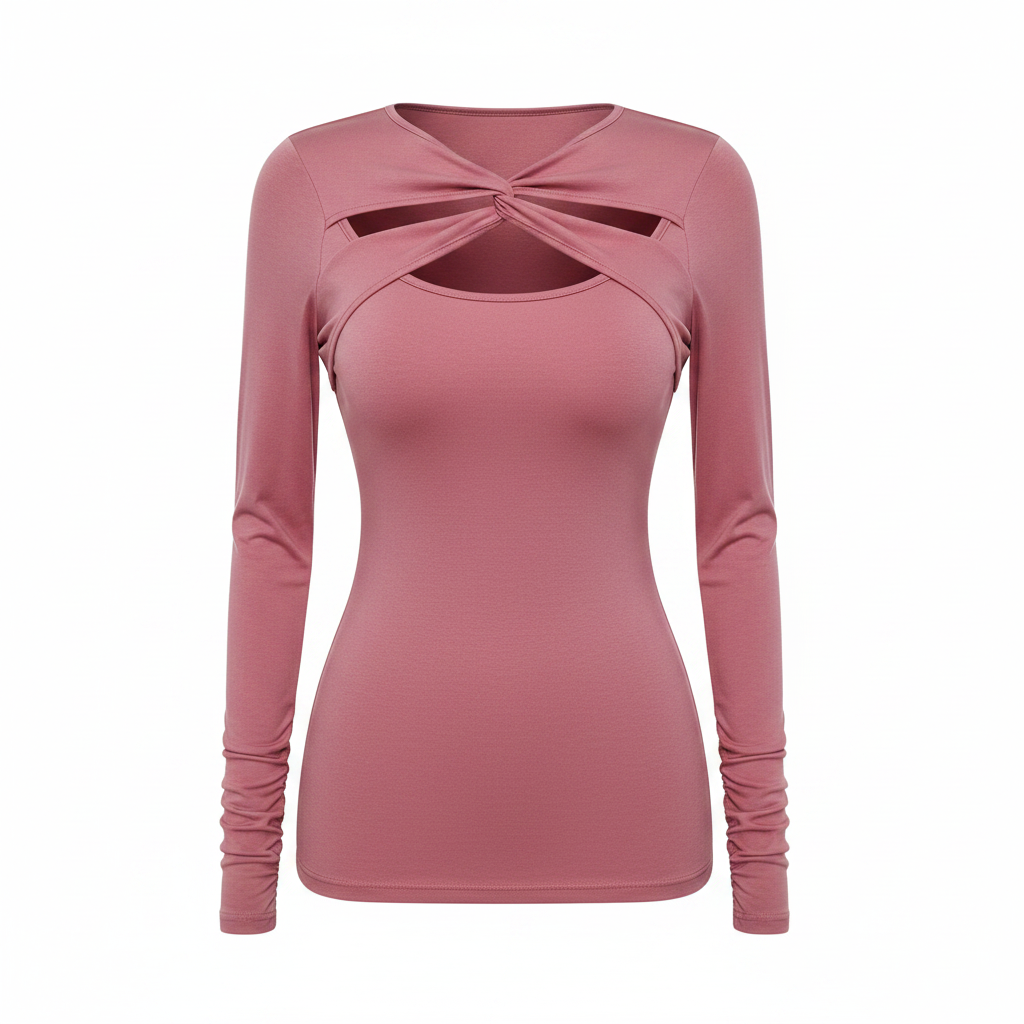 Dusty pink twist front peekaboo cutout slim tee on white background