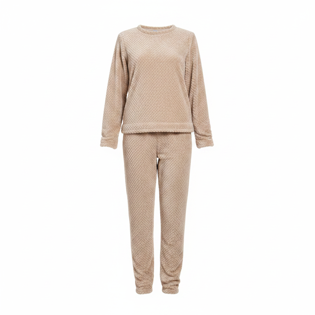 Beige teddy bear waffle fleece pajama set on white background
