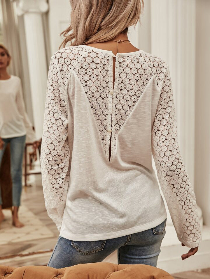 Frenchy Contrast Lace Button Back Tee