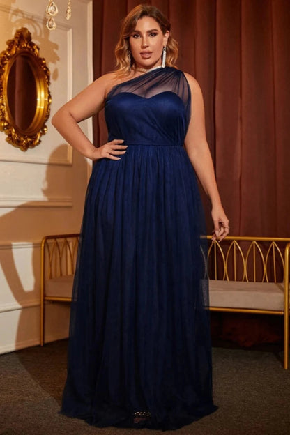 Plus One Shoulder Mesh Evening Maxi Dress