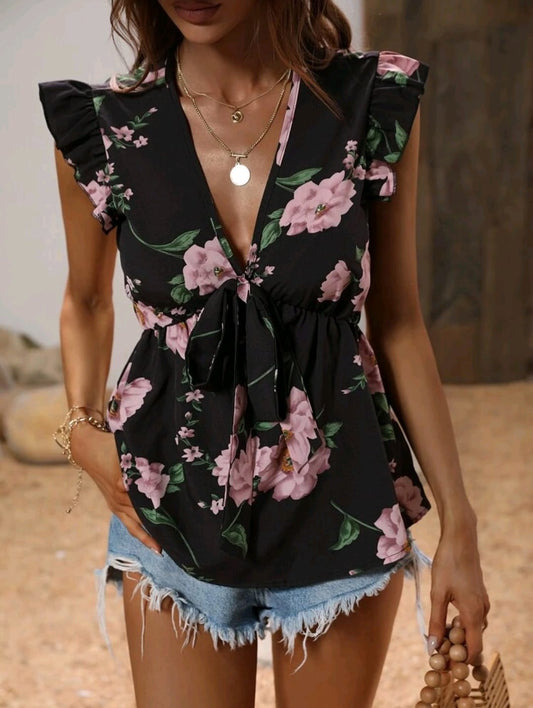 Floral Print Ruffle Trim Belted Blouse