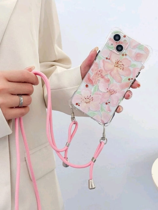 Flower Pattern Phone Case With Lanyard