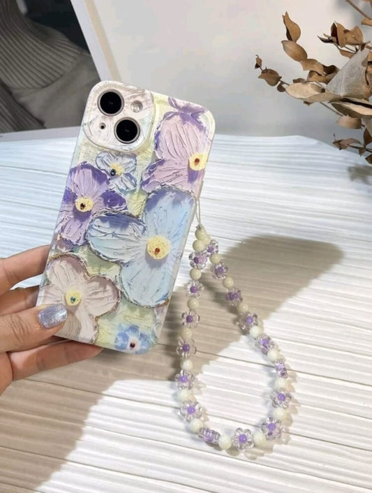 Oil Painting Flower Pattern Space Shell Phone Case With Lanyard