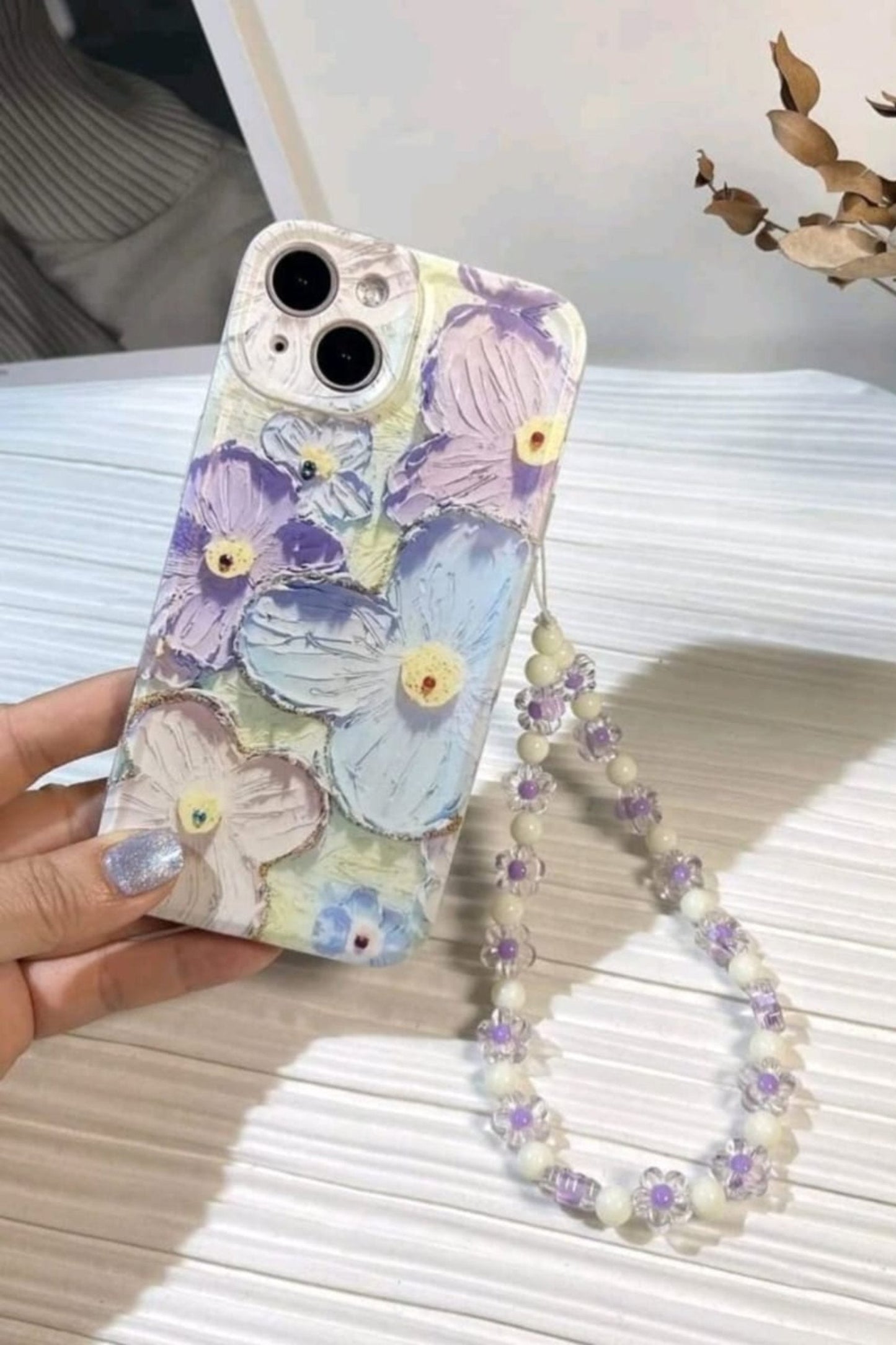 Oil Painting Flower Pattern Space Shell Phone Case With Lanyard