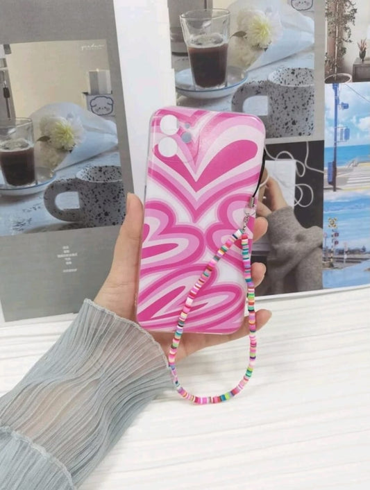 Heart Pattern Phone Case with Beaded Lanyard