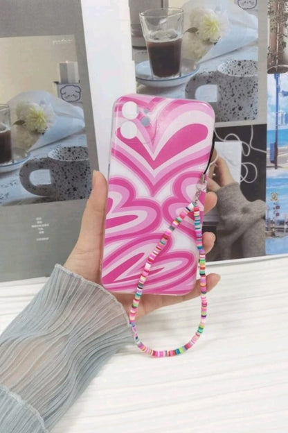 Heart Pattern Phone Case with Beaded Lanyard