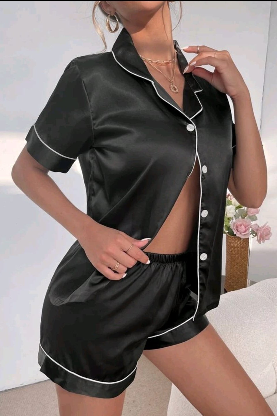 Contrast Piping Blouse & Shorts PJ Set