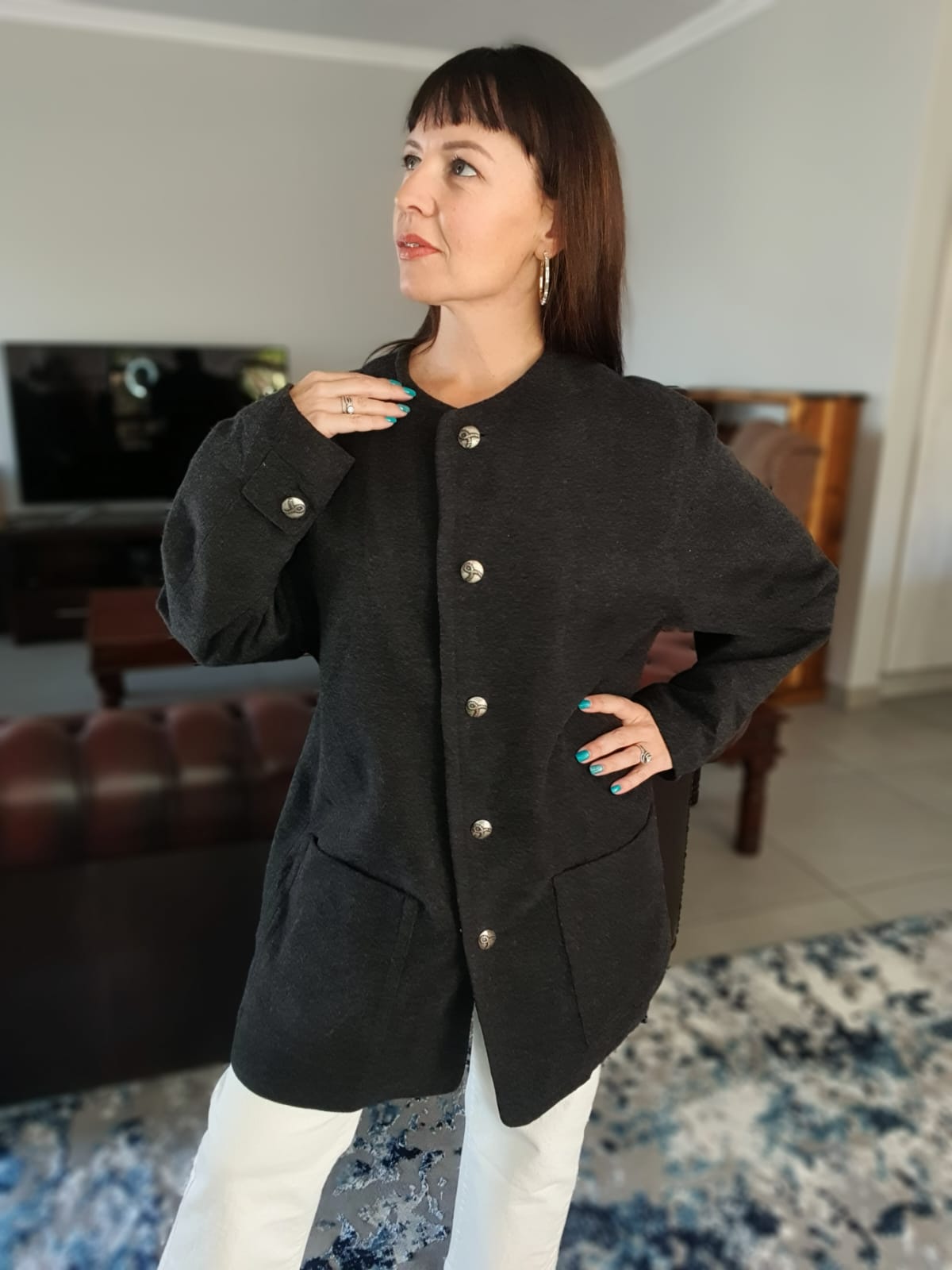 Ladies Black Collarless Wool-Blend Jacket – Silver Button Detail | Size 42