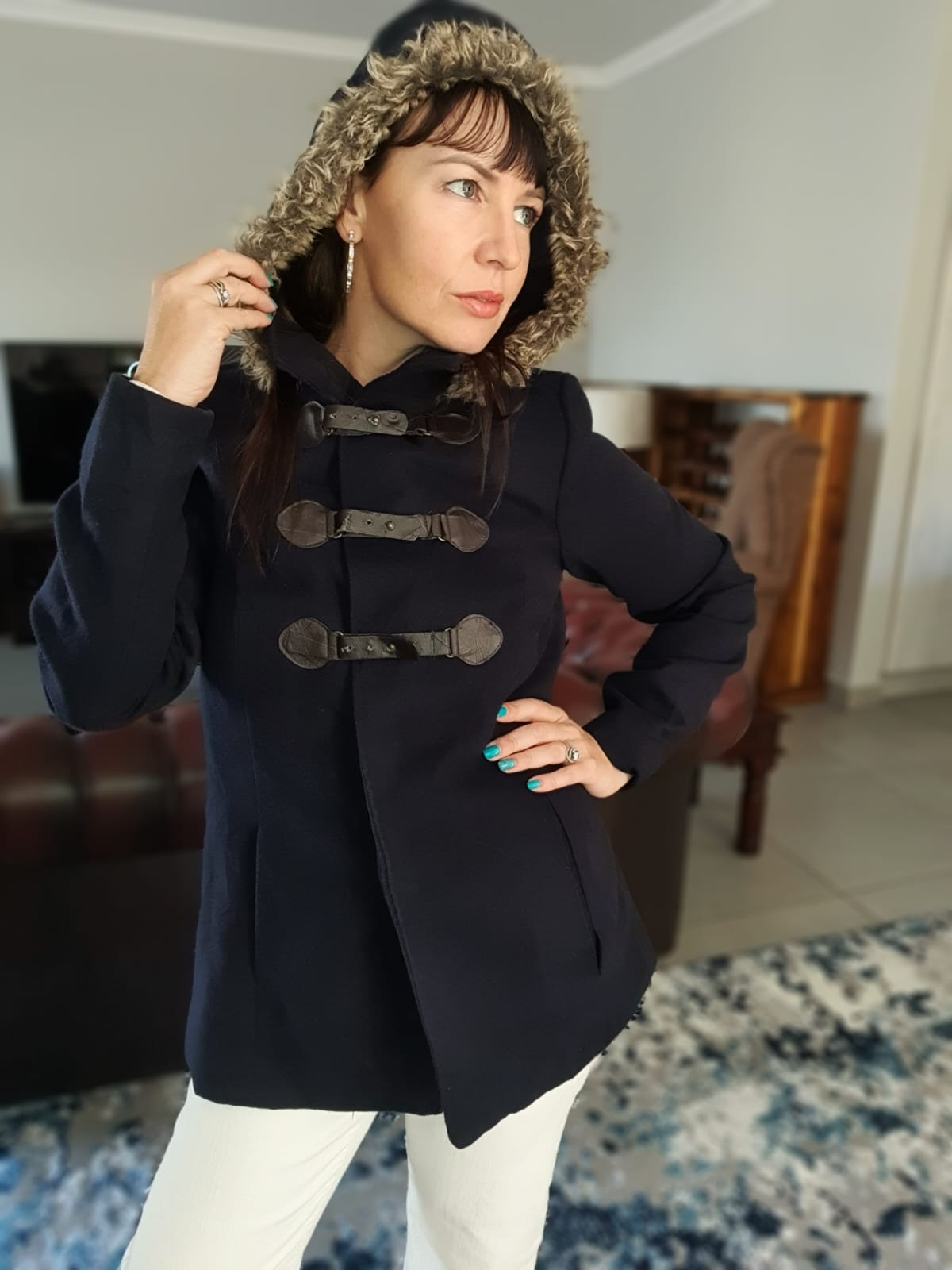 The 'Frost' Dark Navy Faux Fur Trim Duffle Coat | Extra Small