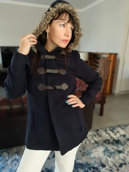 The 'Frost' Dark Navy Faux Fur Trim Duffle Coat | Extra Small