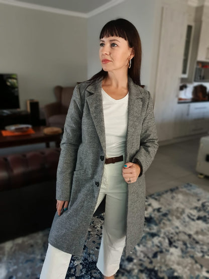 The 'Pebble' Grey Textured Longline Blazer Coat | Extra Small