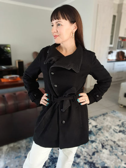 The 'Leather' Black Double-Breasted Belted Coat | Extra Small