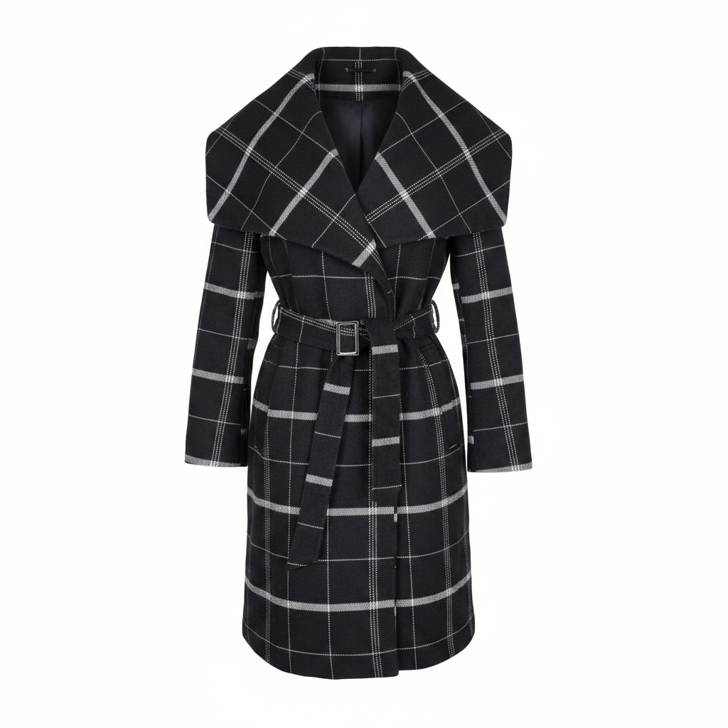 Ladies Navy Windowpane Check Belted Wrap Coat – AI photo