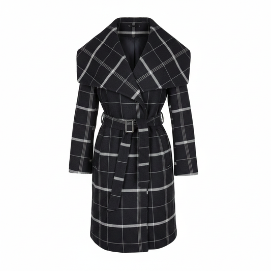 Ladies Navy Windowpane Check Belted Wrap Coat – AI photo