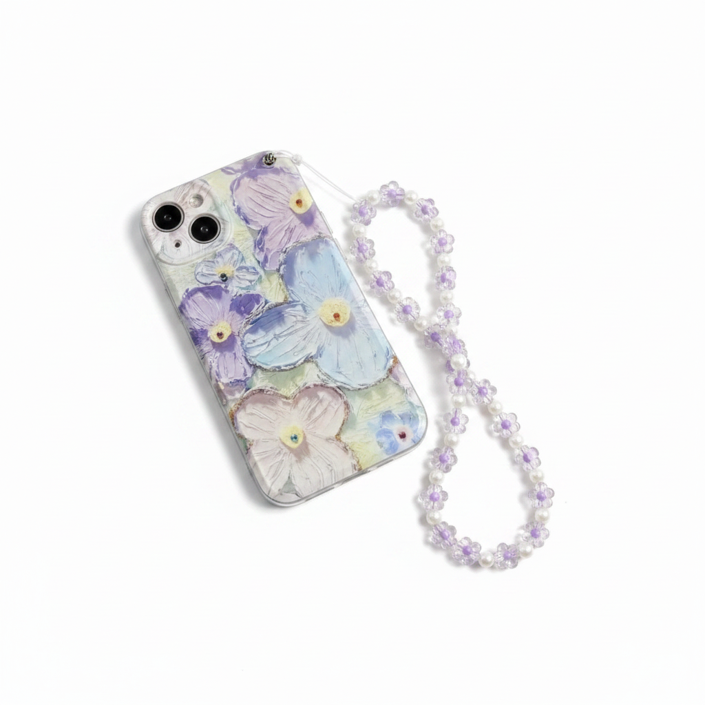 Oil Painting Flower Pattern Phone Case With Lanyard on white background
