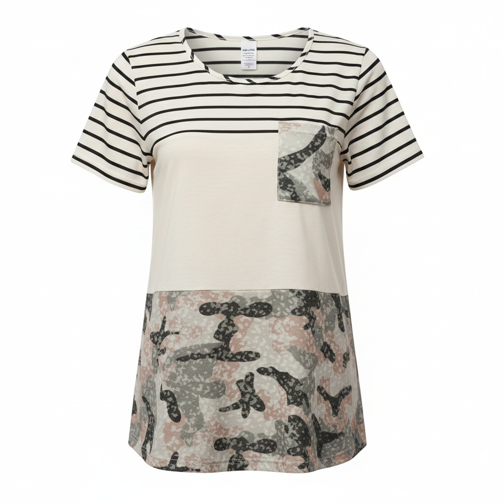 Color Block Pocket Tee with Camo Print on white background