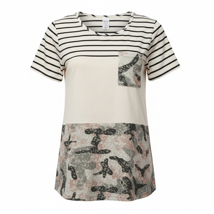 Color Block Pocket Tee with Camo Print on white background