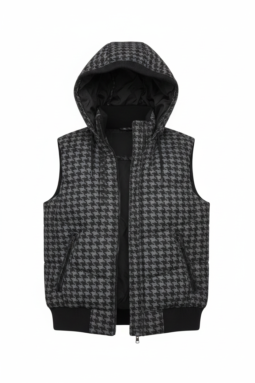 Jack & Jones Houndstooth Hooded Puffer Bodywarmer – front view