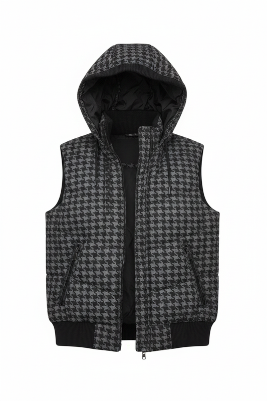 Jack & Jones Houndstooth Hooded Puffer Bodywarmer – front view