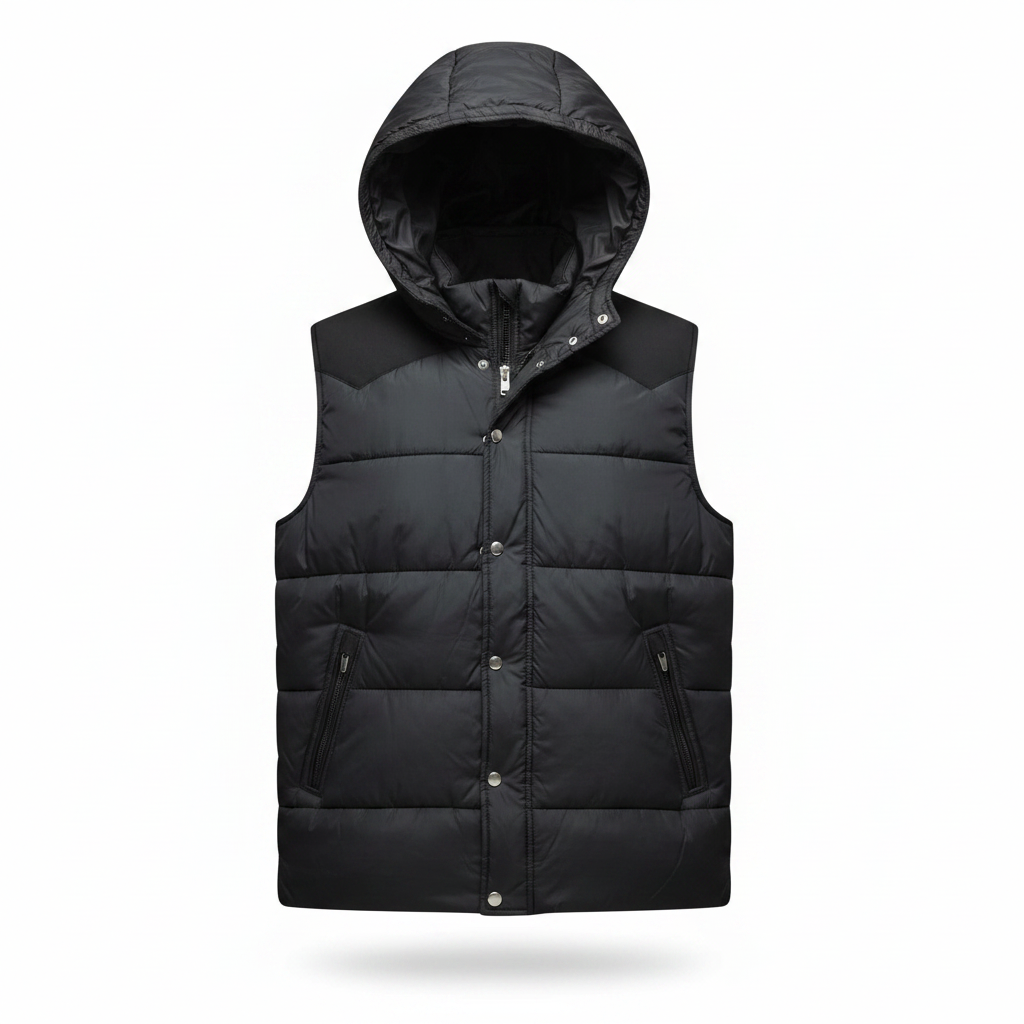 Zara Man Black Hooded Puffer Bodywarmer – white background