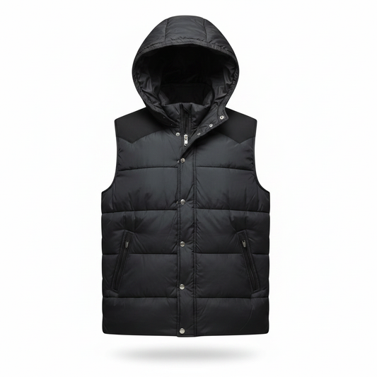 Zara Man Black Hooded Puffer Bodywarmer – white background