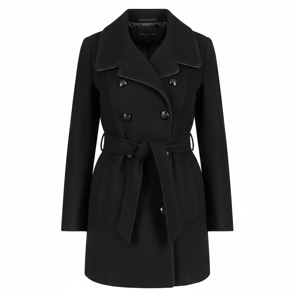 Ladies Black Double-Breasted Belted Coat – AI photo