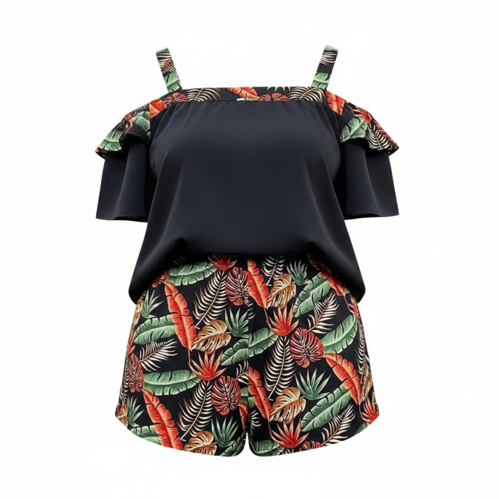 Plus Size Tropical Top & Shorts Set – Women's Co-ord on white background