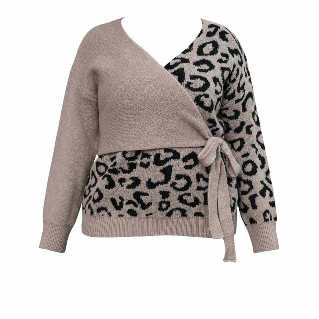 Plus Leopard Pattern Drop Shoulder Knot Side Wrap Sweater on white background