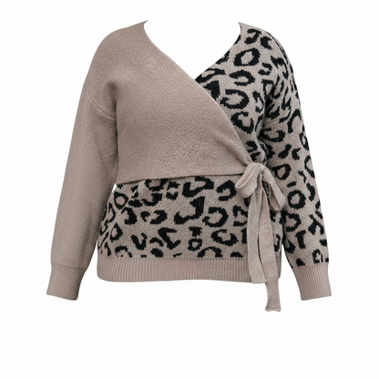 Plus Leopard Pattern Drop Shoulder Knot Side Wrap Sweater on white background
