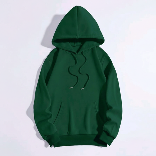 Dark Green Hoodie with green drawstrings on white background