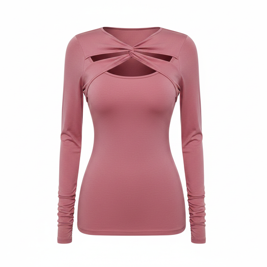 Dusty pink twist front peekaboo cutout slim tee on white background