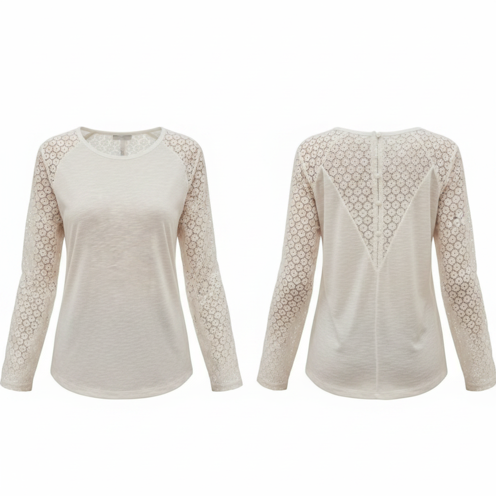 Frenchy Contrast Lace Button Back Tee on white background