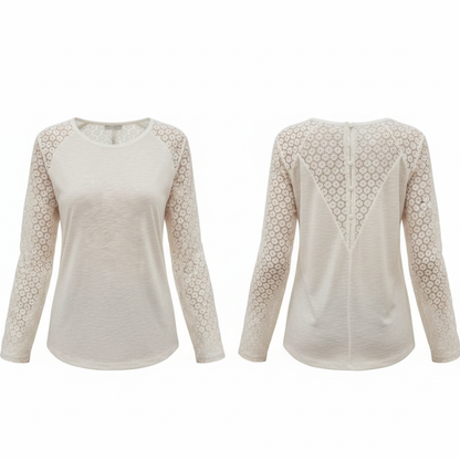 Frenchy Contrast Lace Button Back Tee on white background