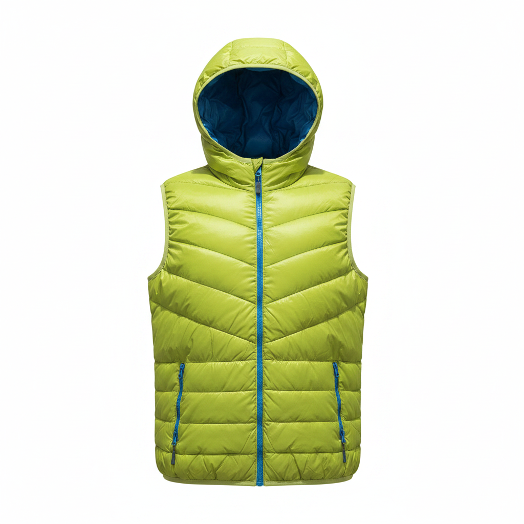 Men's Lime Green & Blue Reversible Hooded Puffer Bodywarmer – white background