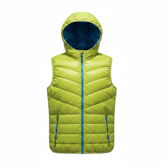 Men's Lime Green & Blue Reversible Hooded Puffer Bodywarmer – white background