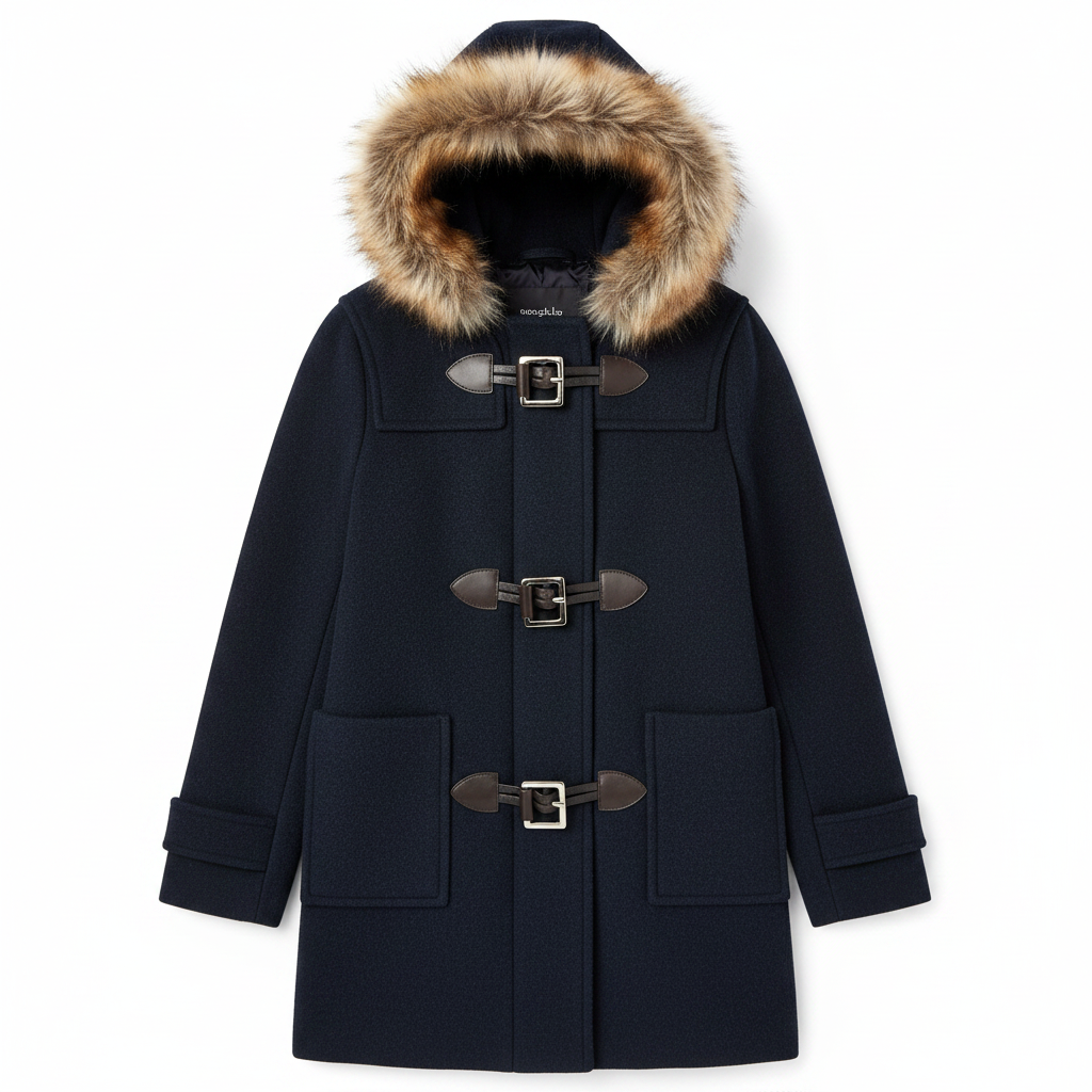 Ladies Dark Navy Duffle Coat with Faux Fur Hood – AI photo