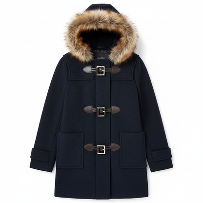 Ladies Dark Navy Duffle Coat with Faux Fur Hood – AI photo