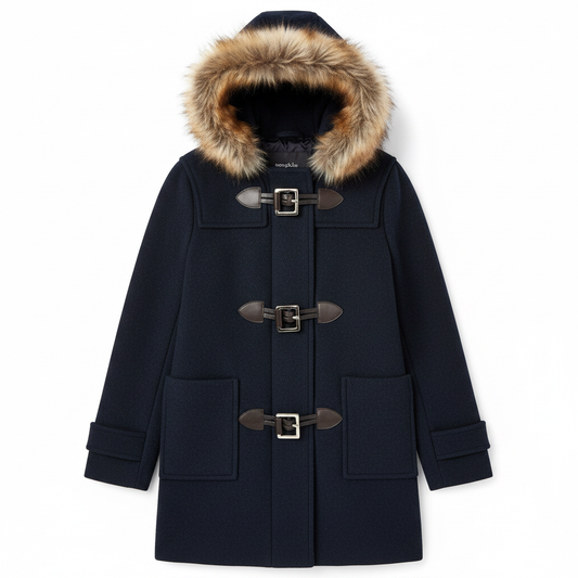 Ladies Dark Navy Duffle Coat with Faux Fur Hood – AI photo