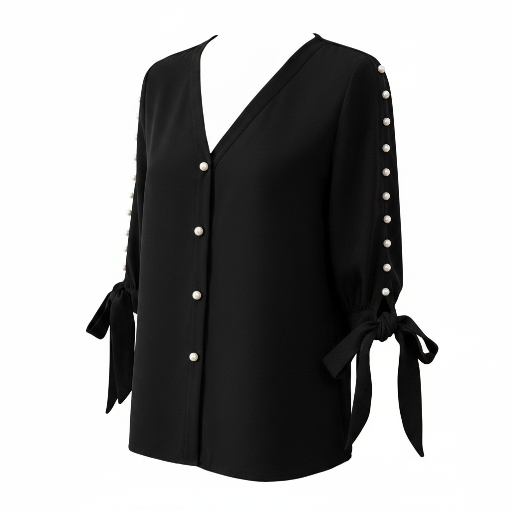 Privé Pearls Beaded Knot Cuff Button Front Blouse on white background