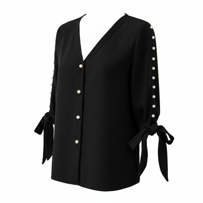 Privé Pearls Beaded Knot Cuff Button Front Blouse on white background