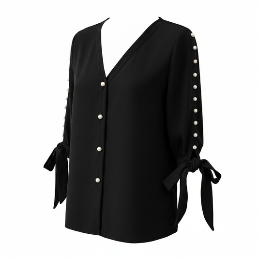 Privé Pearls Beaded Knot Cuff Button Front Blouse on white background