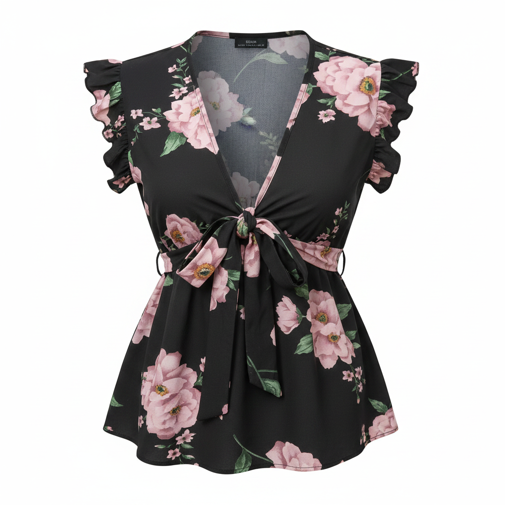 Floral Print Ruffle Trim Belted Blouse on white background
