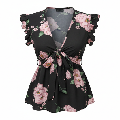 Floral Print Ruffle Trim Belted Blouse on white background