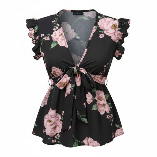 Floral Print Ruffle Trim Belted Blouse on white background