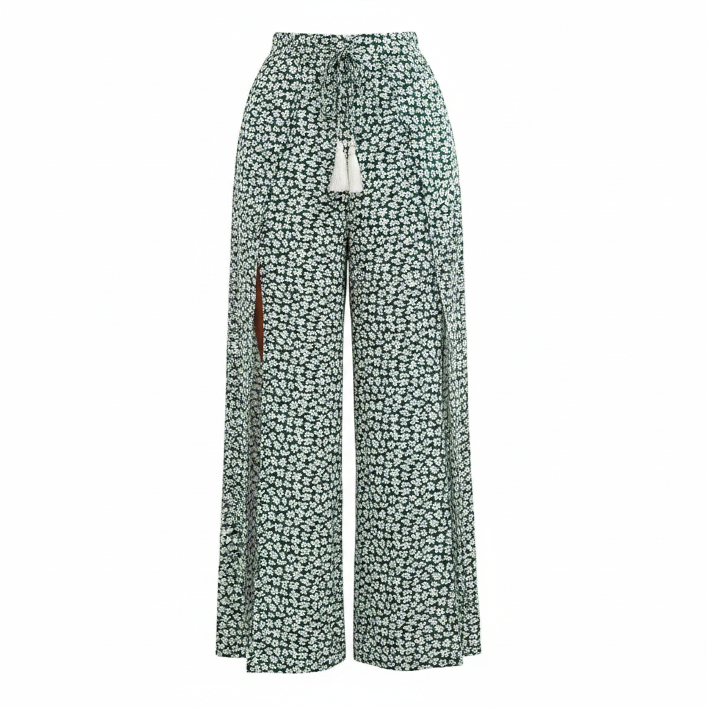 Dark green ditsy floral wide leg palazzo pants with white tassel knot tie on white background